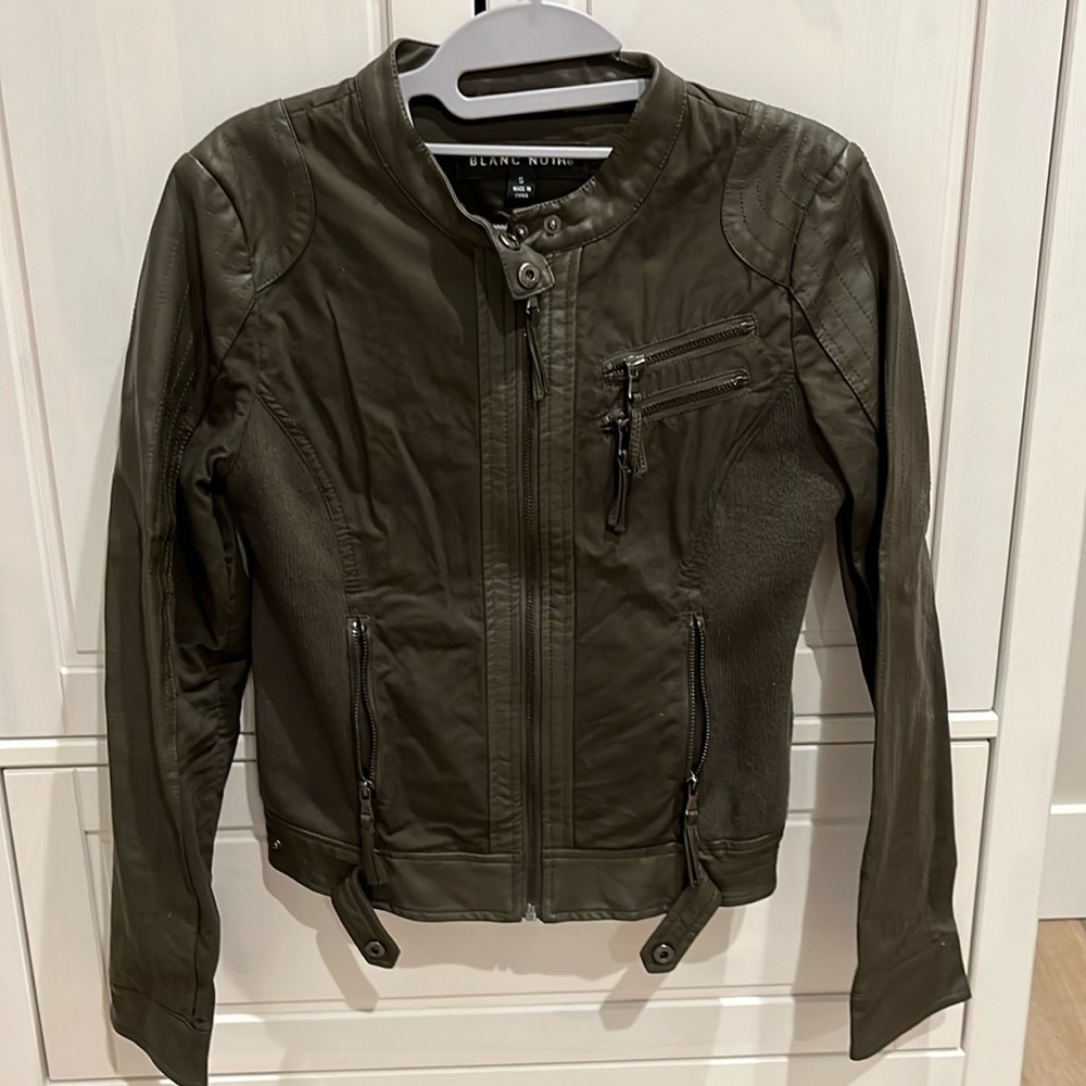 Blan Noir army green mixed media motorcycle jacket.